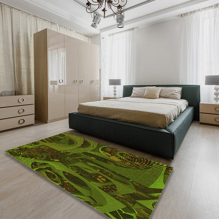 Patterned Dark Forest Green Rug in a Bedroom, pat610yw