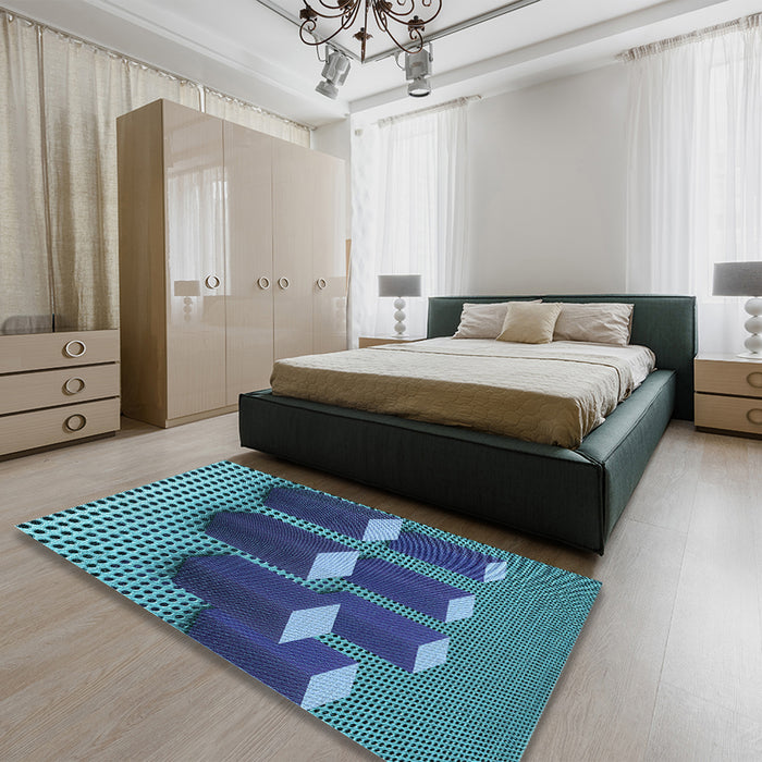 Patterned Blue Turquoise Green Rug in a Bedroom, pat613lblu