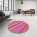 Round Machine Washable Transitional Pink Rug in a Office, wshpat636