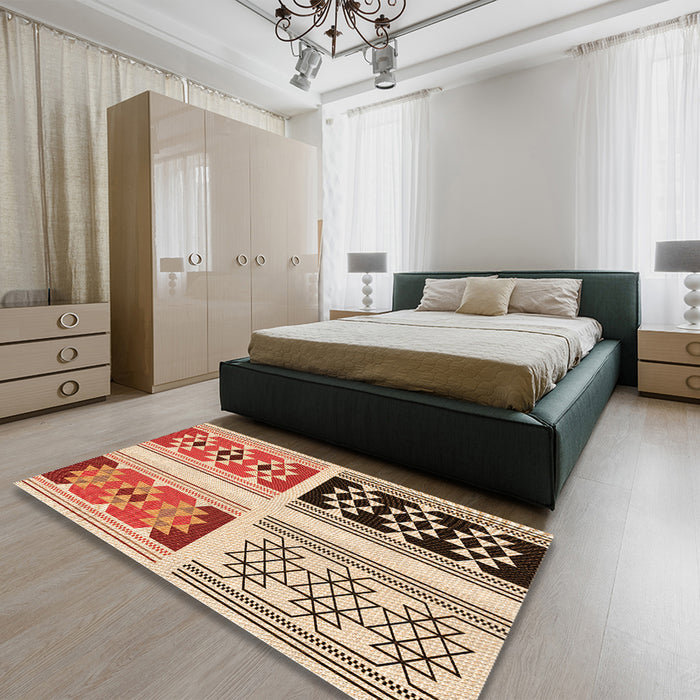 Patterned Khaki Gold Rug in a Bedroom, pat641org