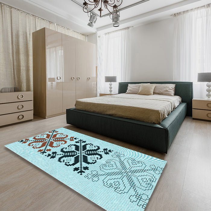 Patterned Cadet Blue Green Rug in a Bedroom, pat642lblu