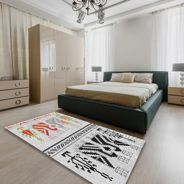 Patterned Off White Beige Novelty Rug in a Bedroom, pat643