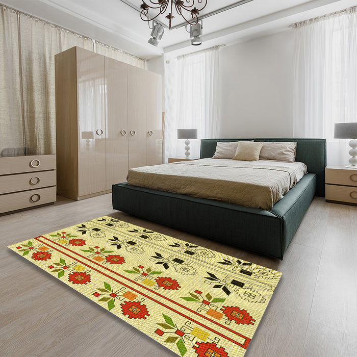 Patterned Dark Golden Brown Rug in a Bedroom, pat645yw