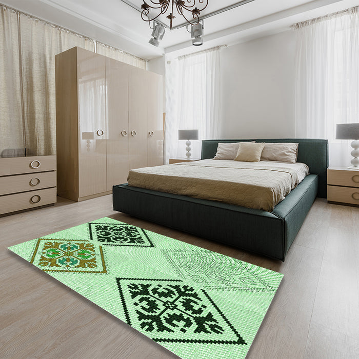 Patterned Green Rug in a Bedroom, pat646grn