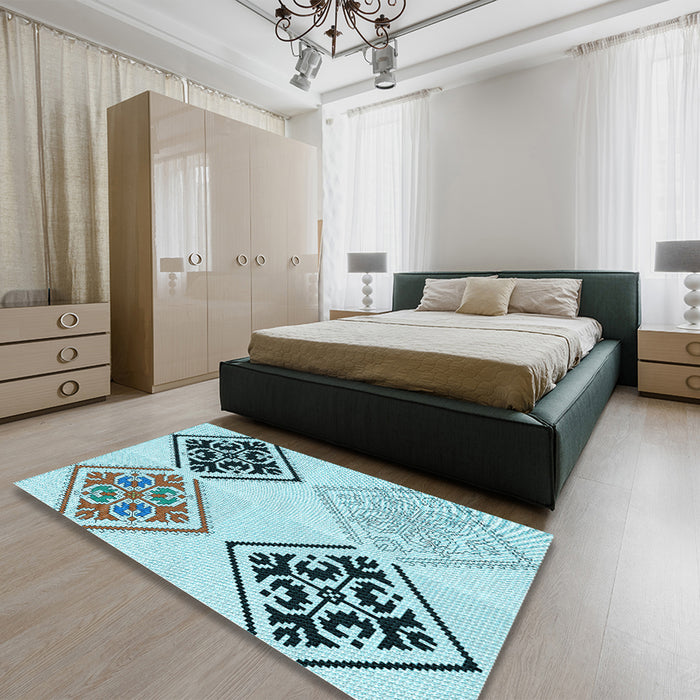 Patterned Deep-Sea Green Rug in a Bedroom, pat646lblu