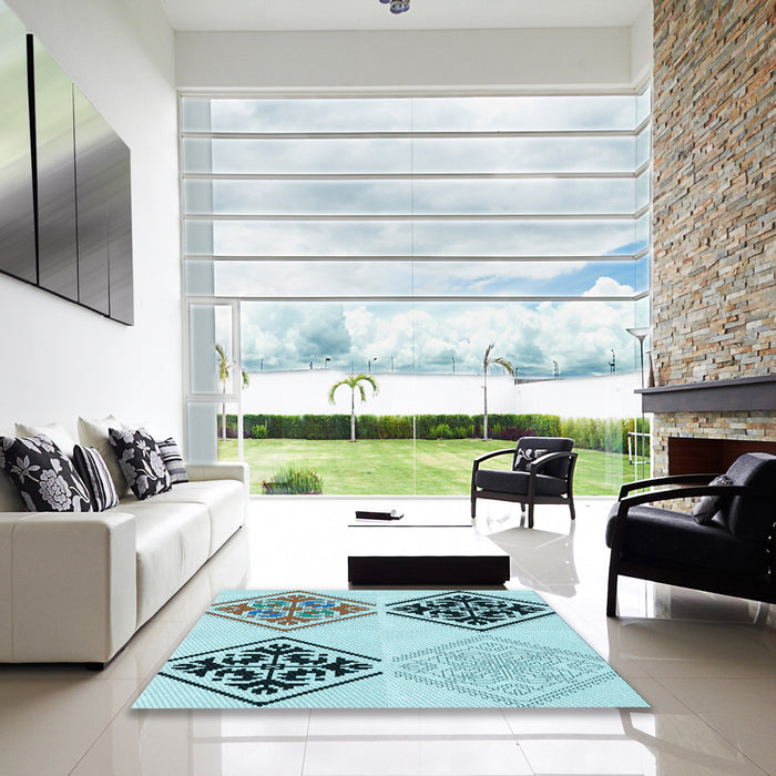 Square Patterned Deep-Sea Green Rug in a Living Room, pat646lblu