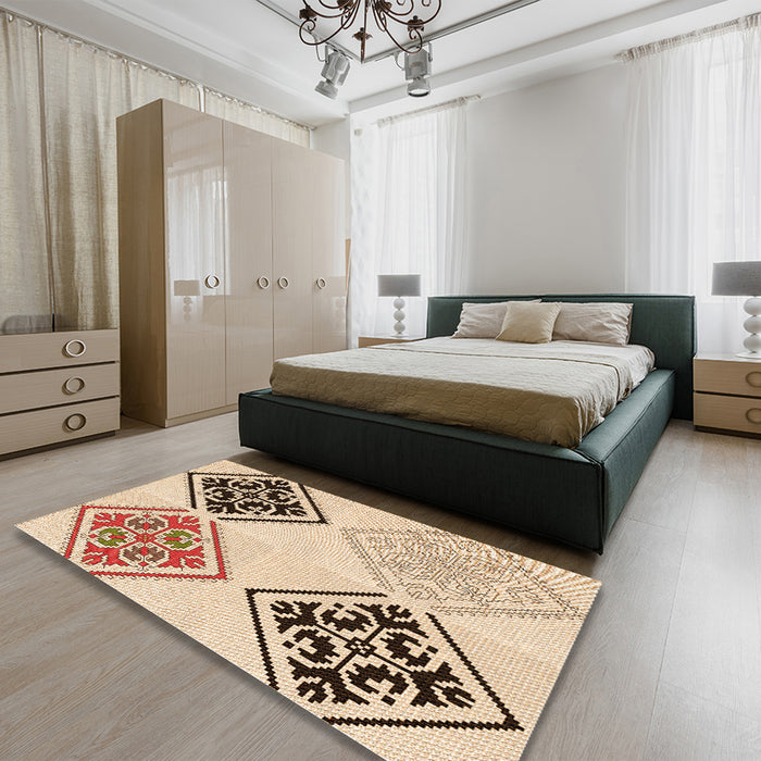Patterned Light Brown Rug in a Bedroom, pat646org