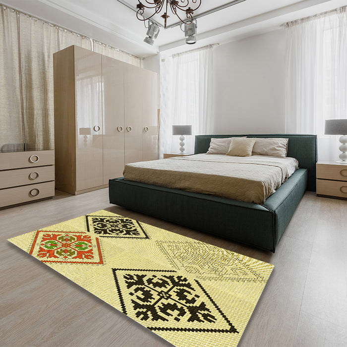 Patterned Dark Golden Brown Rug in a Bedroom, pat646yw