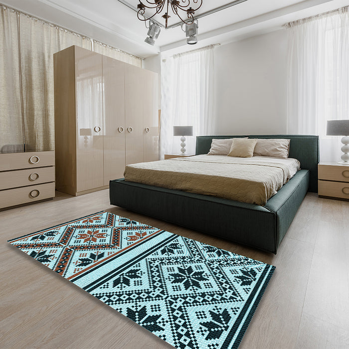 Patterned Dark Gray Black Rug in a Bedroom, pat647lblu