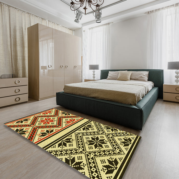 Patterned Red Brown Rug in a Bedroom, pat647yw