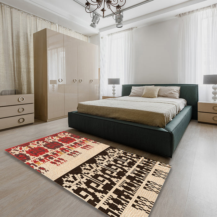 Patterned Saffron Red Rug in a Bedroom, pat648org