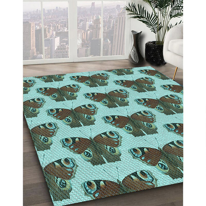Patterned Dark Olive Green Rug in Family Room, pat655lblu