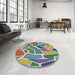 Round Machine Washable Transitional Green Rug in a Office, wshpat65