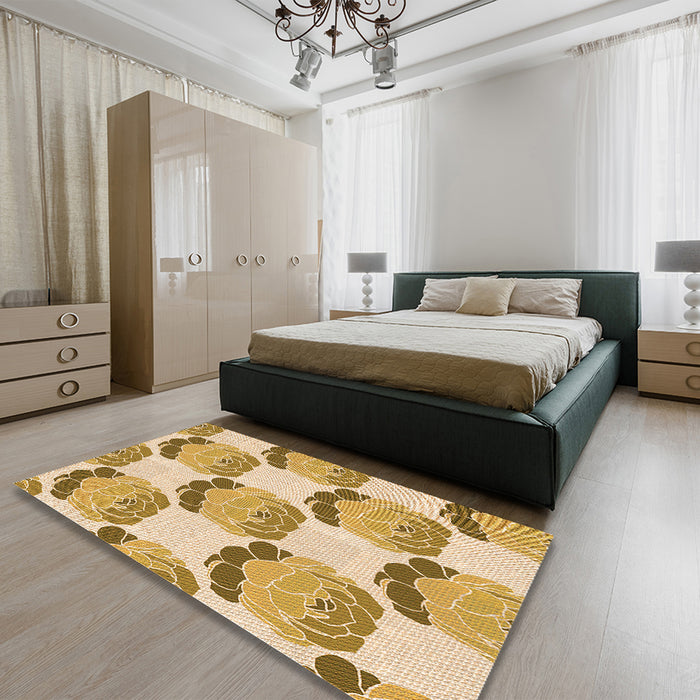 Patterned Brown Gold Rug in a Bedroom, pat663org