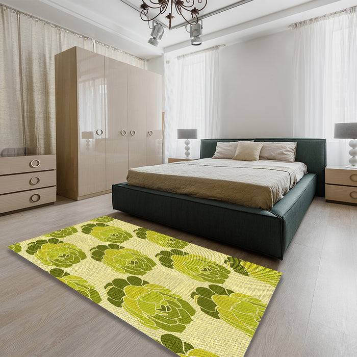 Round Machine Washable Transitional Dark Yellow Green Rug in a Office, wshpat663yw