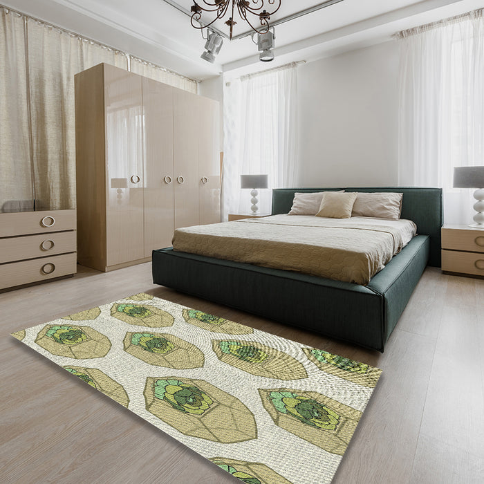 Patterned Dark Green Novelty Rug in a Bedroom, pat664