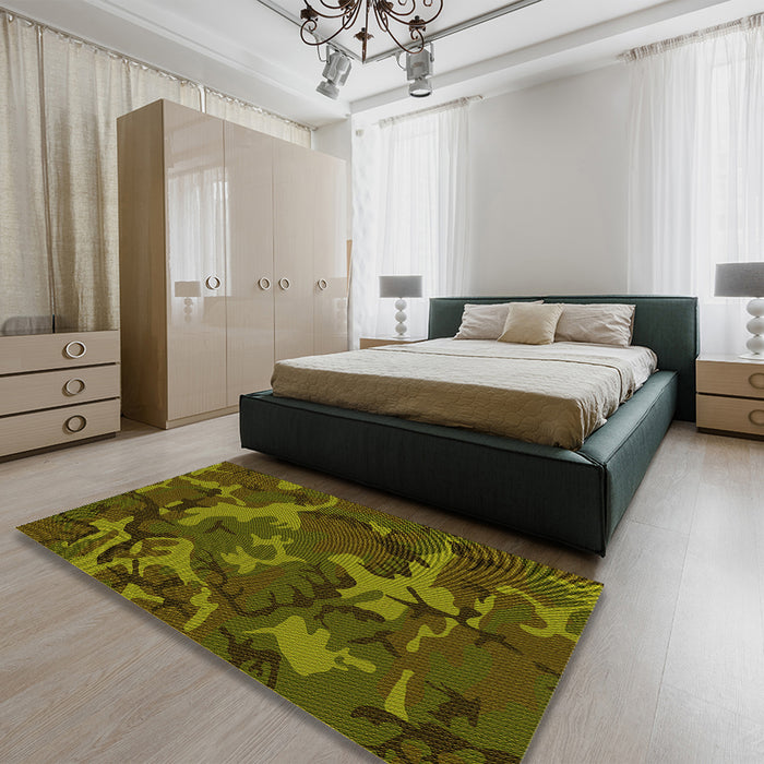 Patterned Dark Yellow Green Rug in a Bedroom, pat665yw