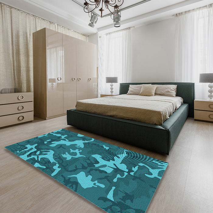 Patterned Dark Turquoise Green Rug in a Bedroom, pat666lblu