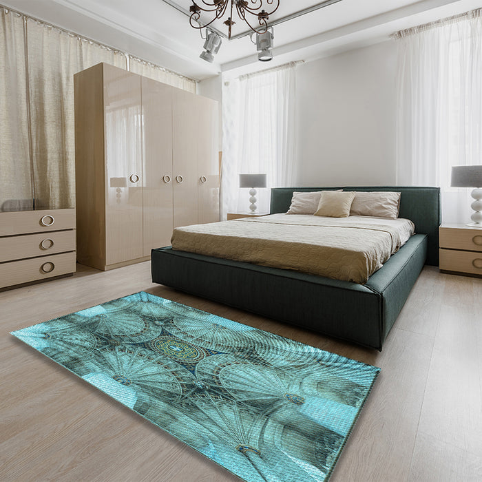 Patterned Turquoise Green Rug in a Bedroom, pat667lblu
