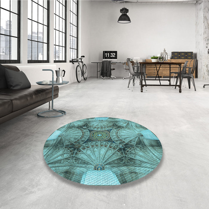 Round Patterned Turquoise Green Rug in a Office, pat667lblu