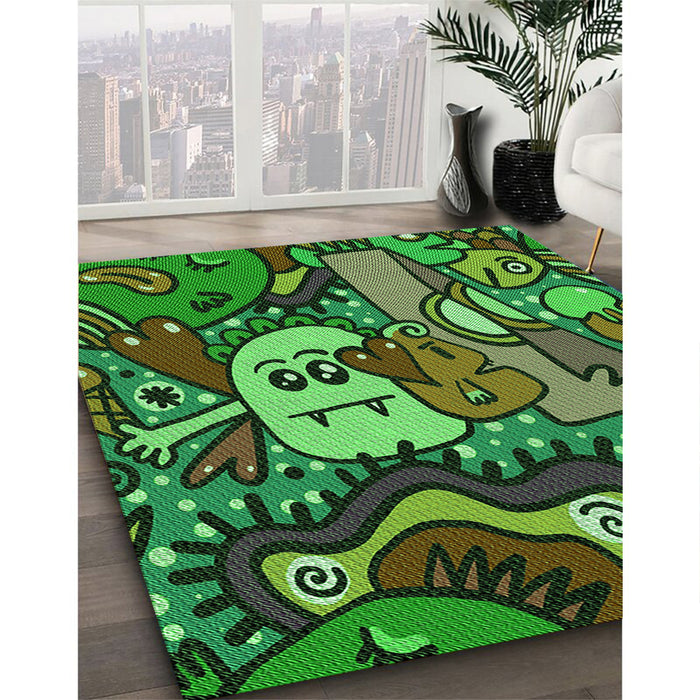 Patterned Dark Forest Green Rug in Family Room, pat670grn