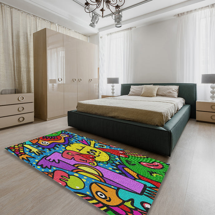 Patterned Green Modern Rug in a Bedroom, pat670