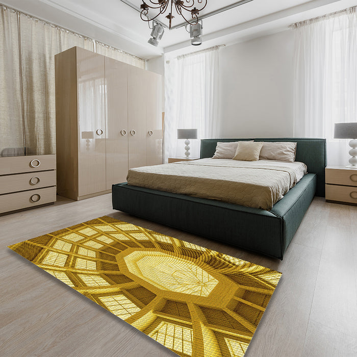 Patterned Golden Brown Yellow Rug in a Bedroom, pat671yw
