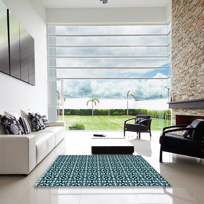 Square Patterned Deep Teal Green Rug in a Living Room, pat672lblu