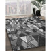 Patterned Dark Gray Black Rug in Family Room, pat674gry