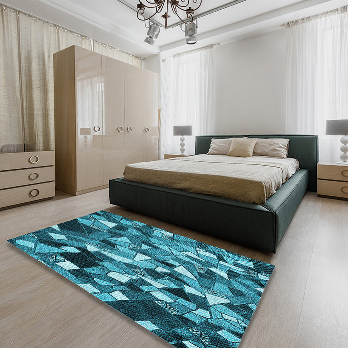 Patterned Bright Turquoise Blue Rug in a Bedroom, pat674lblu