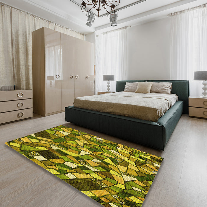 Patterned Golden Brown Yellow Rug in a Bedroom, pat677yw