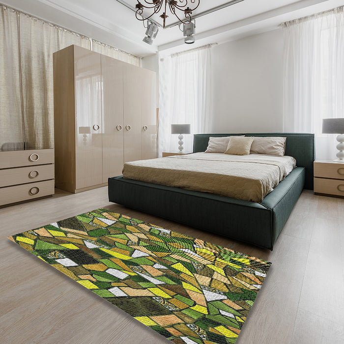 Patterned Avocado Green Modern Rug in a Bedroom, pat677
