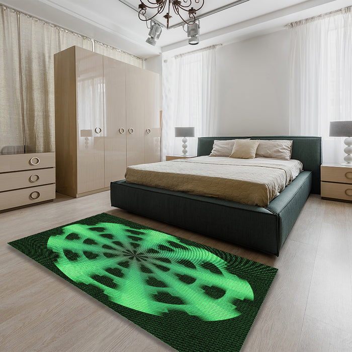 Patterned Dark Forest Green Rug in a Bedroom, pat683grn