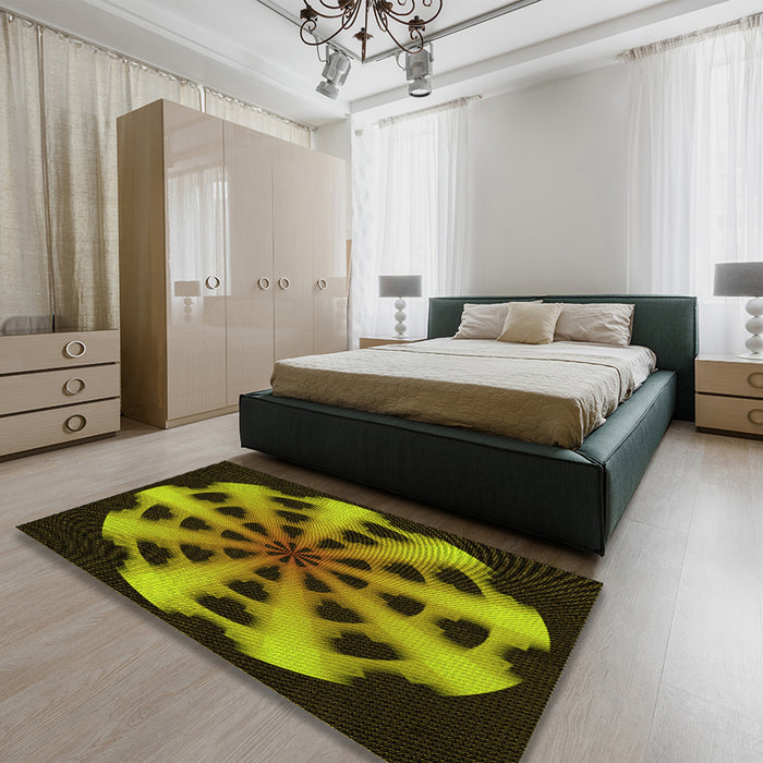 Patterned Black Brown Rug in a Bedroom, pat683yw