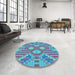 Round Patterned Bright Turquoise Blue Rug in a Office, pat686lblu
