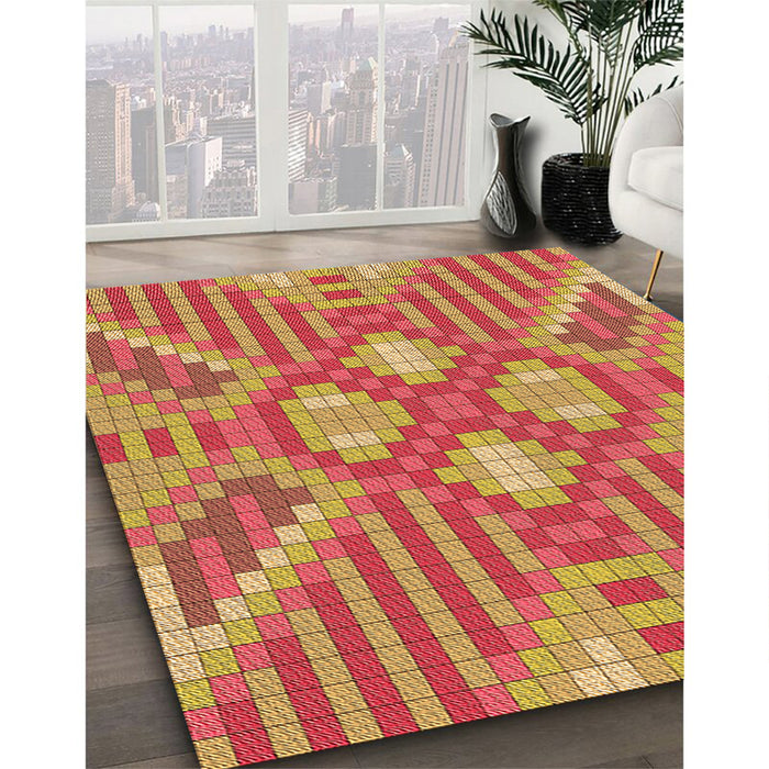 Patterned Yellow Rug in Family Room, pat686org