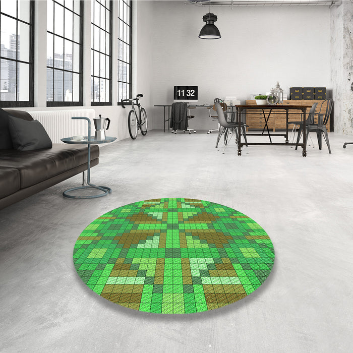 Round Patterned Dark Lime Green Rug in a Office, pat687grn
