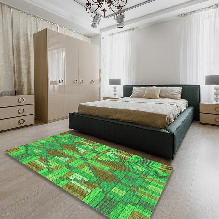 Patterned Dark Lime Green Rug in a Bedroom, pat687grn