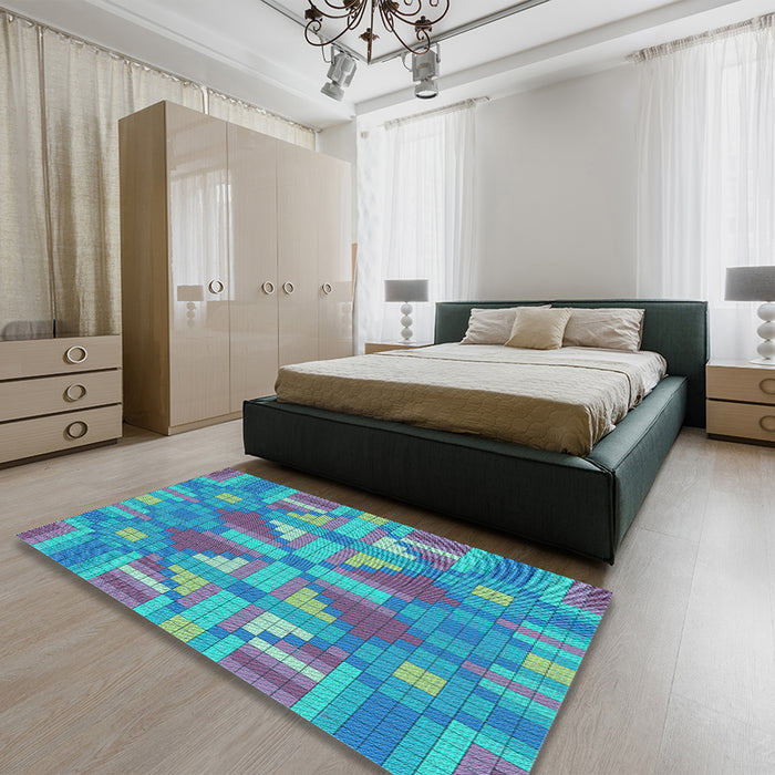 Patterned Bright Turquoise Blue Rug in a Bedroom, pat687lblu