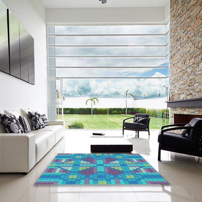 Square Patterned Bright Turquoise Blue Rug in a Living Room, pat687lblu