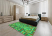 Patterned Dark Lime Green Rug in a Bedroom, pat689grn