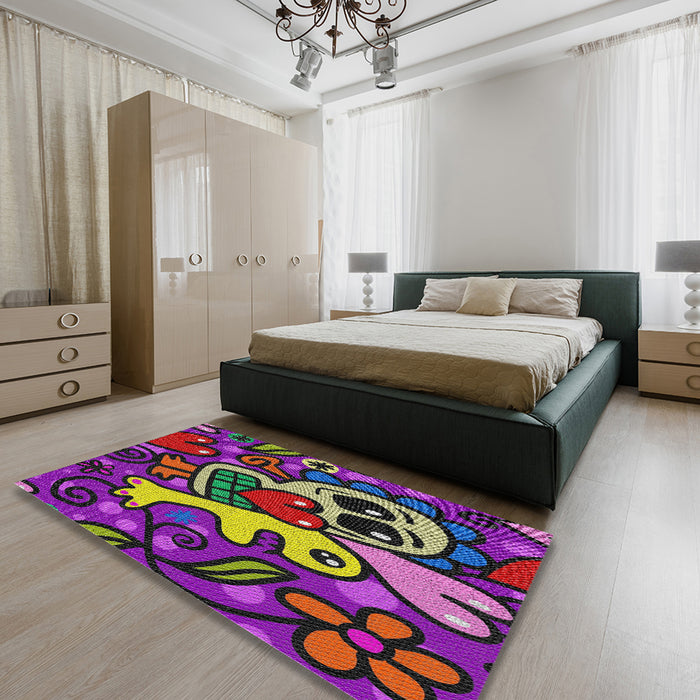 Patterned Rose Purple Modern Rug in a Bedroom, pat68