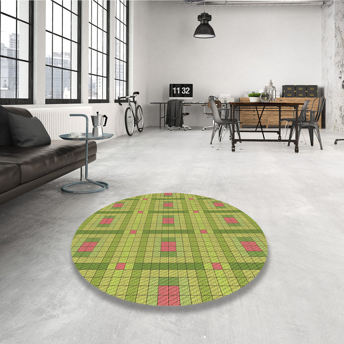 Round Patterned Dark Yellow Green Rug in a Office, pat690brn