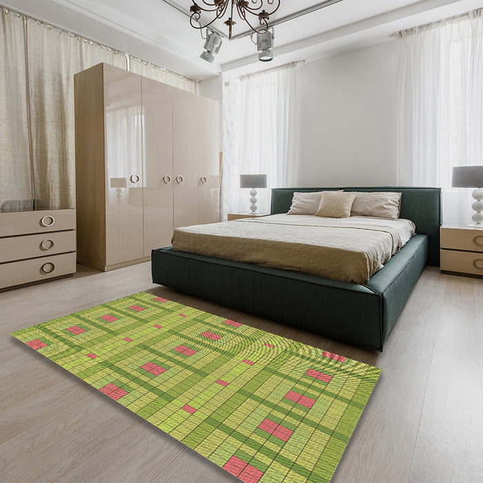 Patterned Dark Yellow Green Rug in a Bedroom, pat690brn