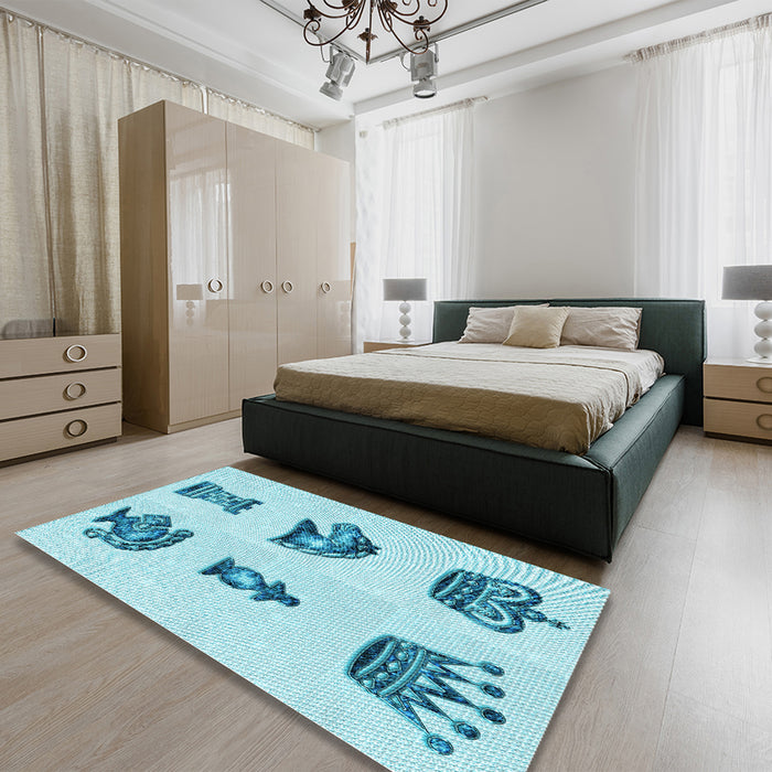 Patterned Electric Blue Rug in a Bedroom, pat699lblu
