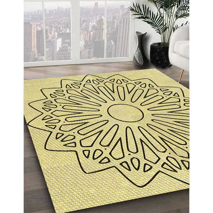 Patterned Sun Yellow Rug in Family Room, pat7yw