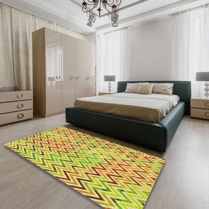 Patterned Neon Yellow Rug in a Bedroom, pat707yw