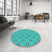 Round Patterned Bright Cyan Blue Rug in a Office, pat711lblu