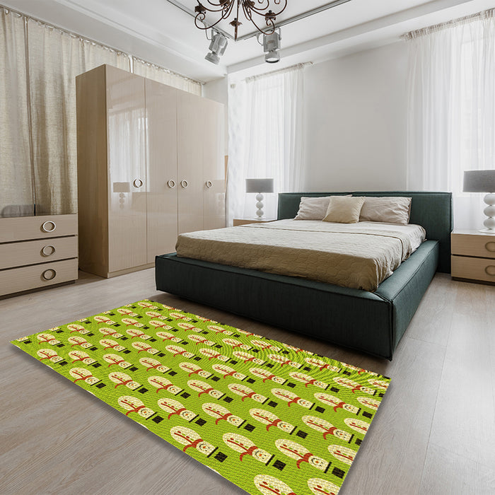 Patterned Dark Yellow Green Rug in a Bedroom, pat716yw
