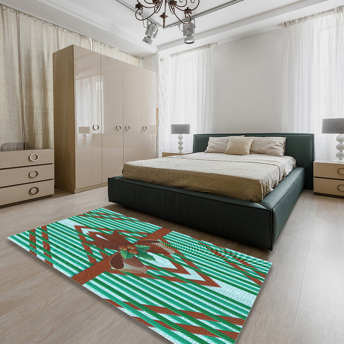 Patterned Turquoise Green Rug in a Bedroom, pat718lblu